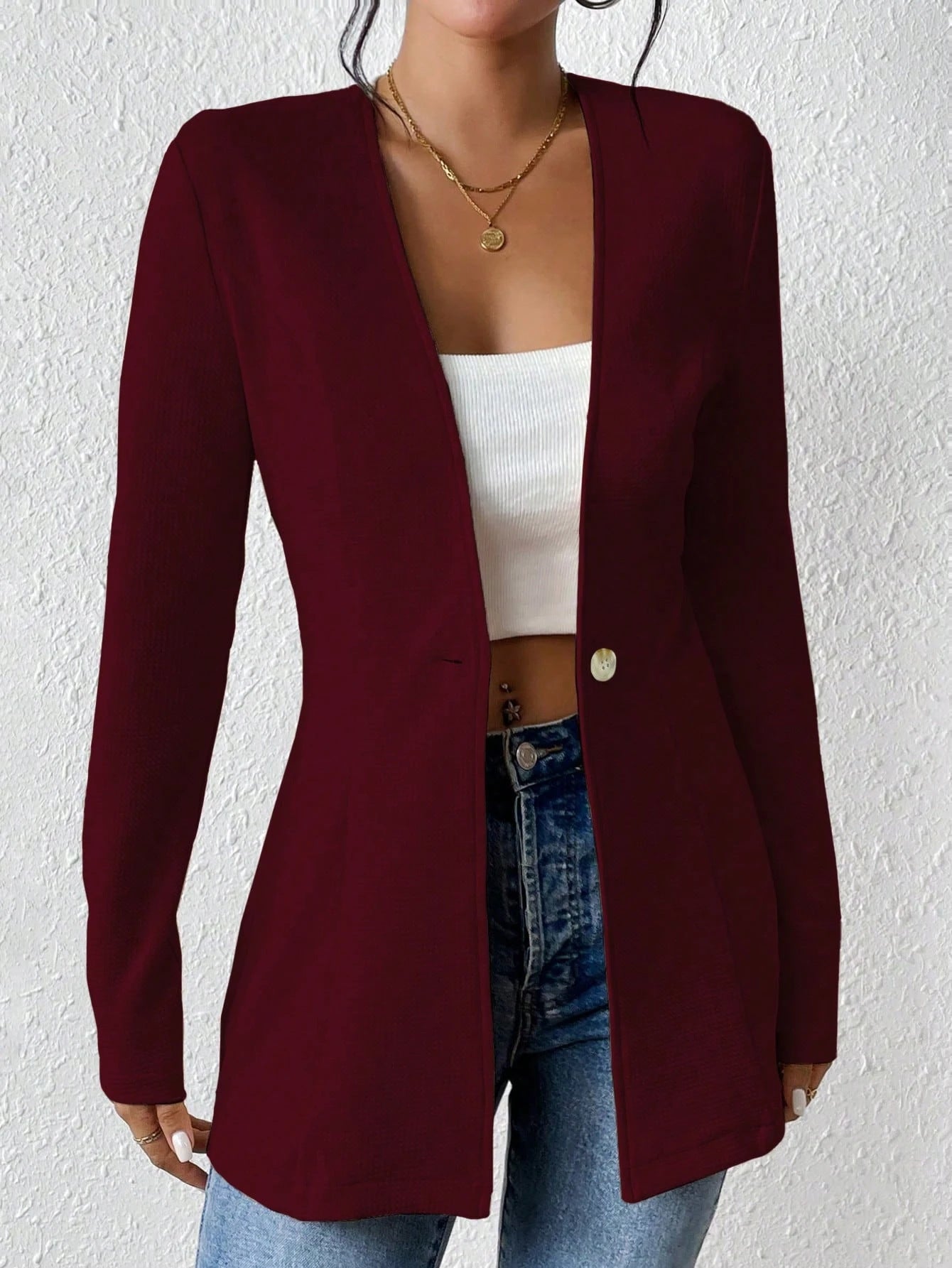 Women's Casual V-Neck One Button Solid Blazer Jacket