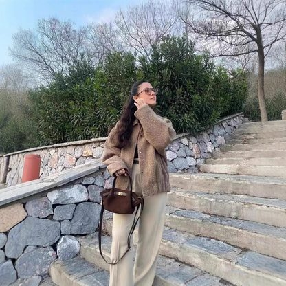 Women's Oversized Collared Sherpa Jacket Button Front