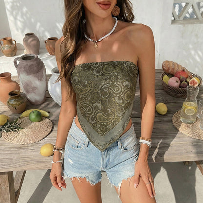 Boho Paisley Scarf Hem Bandeau Top Strapless Crop Top