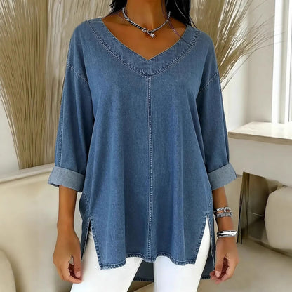 Oversized Denim V-Neck Top Casual Utility Long Sleeve Shirt