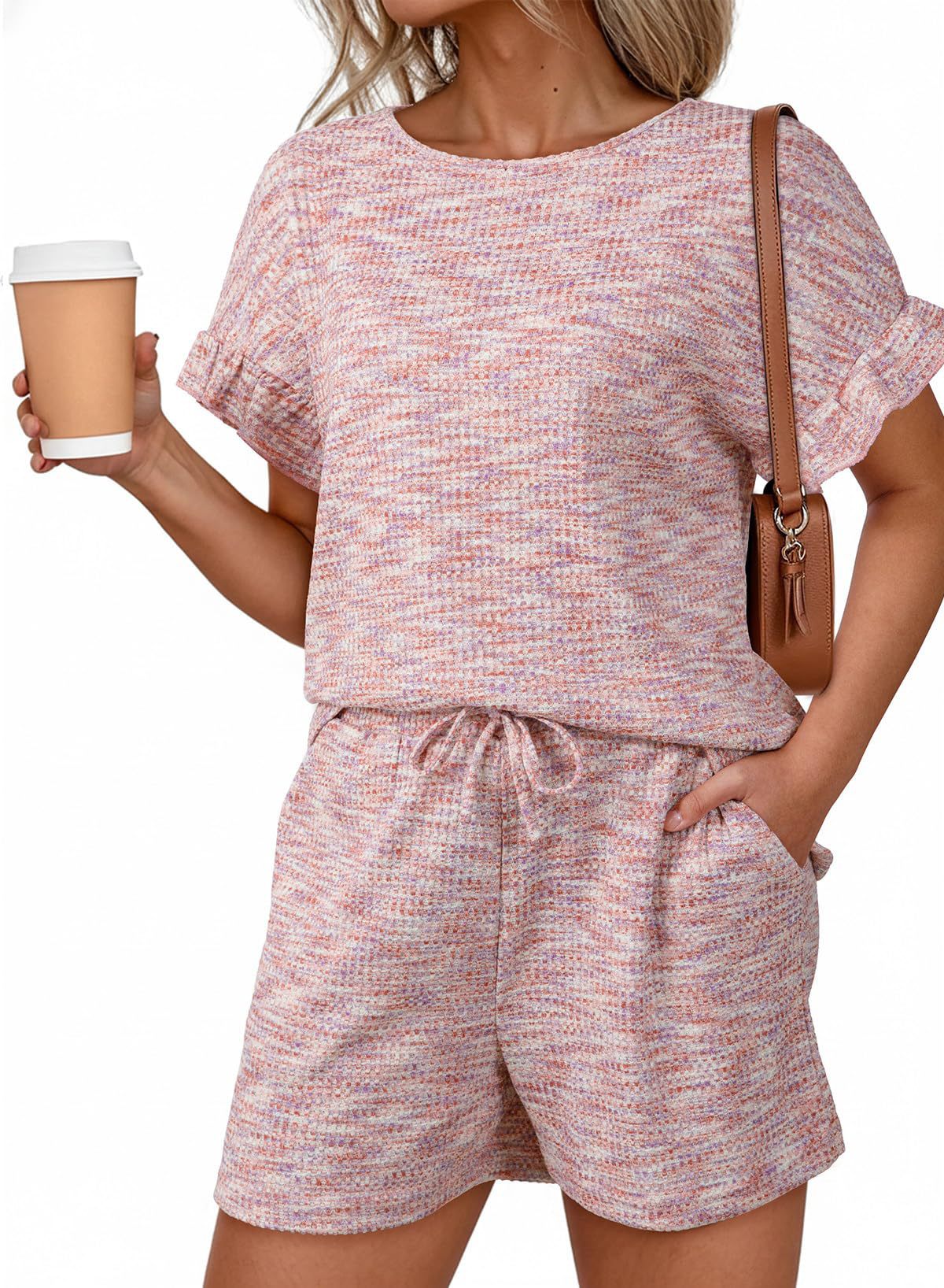 Textured Knit Lounge Set Ruffle Sleeve Drawstring