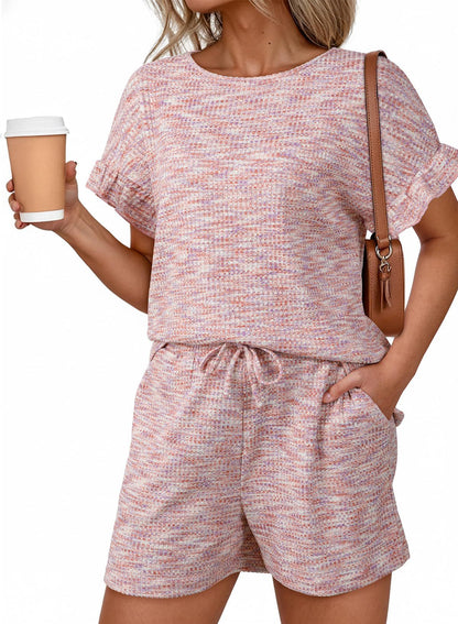 Textured Knit Lounge Set Ruffle Sleeve Drawstring