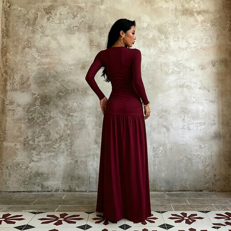 Square Neck Ruched Long Sleeve Slit Maxi Dress