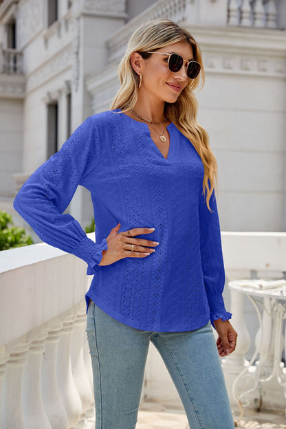 Women's Eyelet V-Neck Long Sleeve Ruffle Cuff Loose Blouse