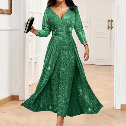 Sequin V-Neck Long Sleeve Maxi Evening Dress