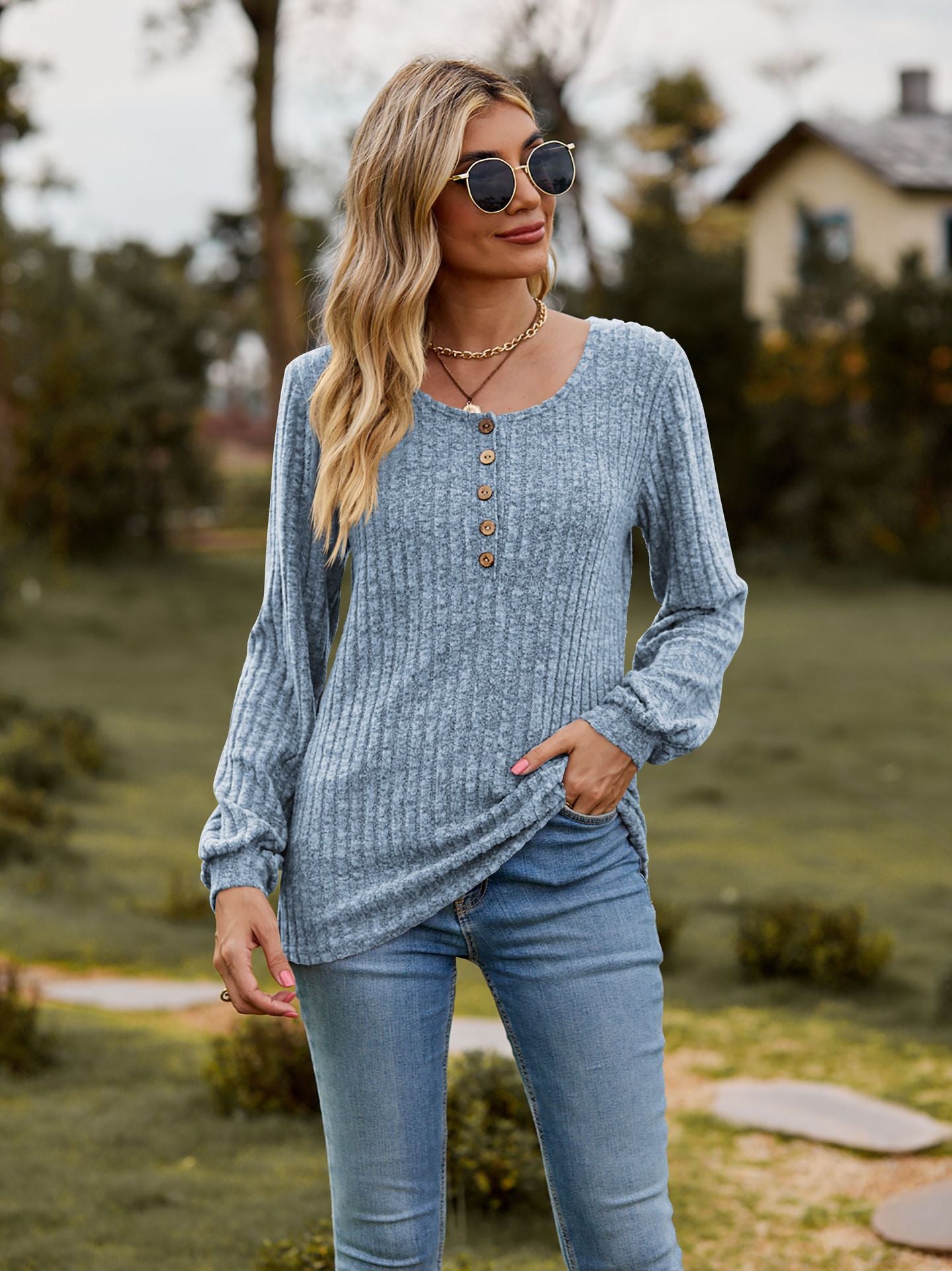 Ribbed Button Front Long Sleeve Knit Top for Women