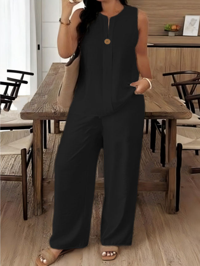 Women's Linen Blend Sleeveless Top & Wide Leg Pants Set