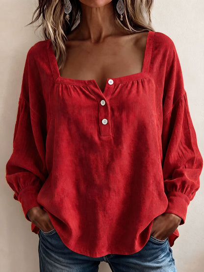 Square Neck Corduroy Top Button Front Long Sleeve Oversized