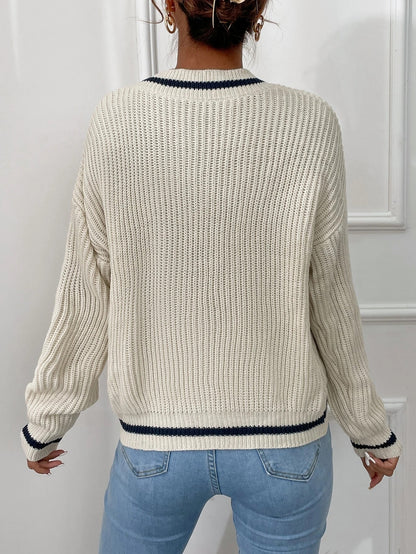 Women's Oversized V-Neck Chunky Knit Sweater Color Block