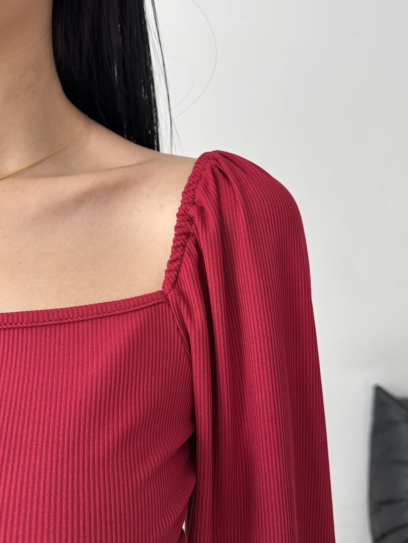Burgundy Square Neck Long Sleeve Ruched Bodycon Mini Dress