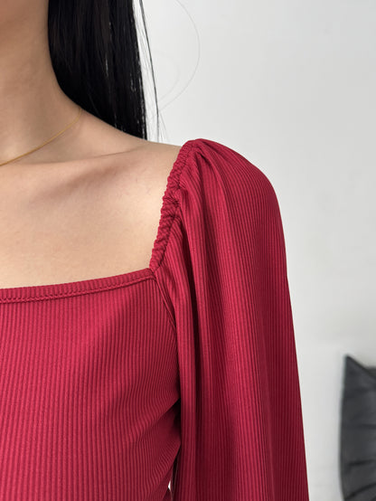 Burgundy Square Neck Long Sleeve Ruched Bodycon Mini Dress
