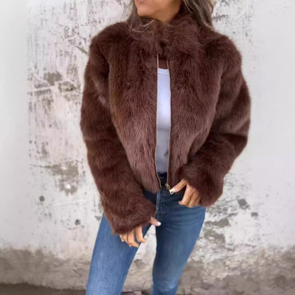 Women's Faux Fur Zip Jacket High Neck Cozy Outerwear