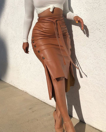 Faux Leather Midi Skirt High Waist Slit Bodycon Skirt
