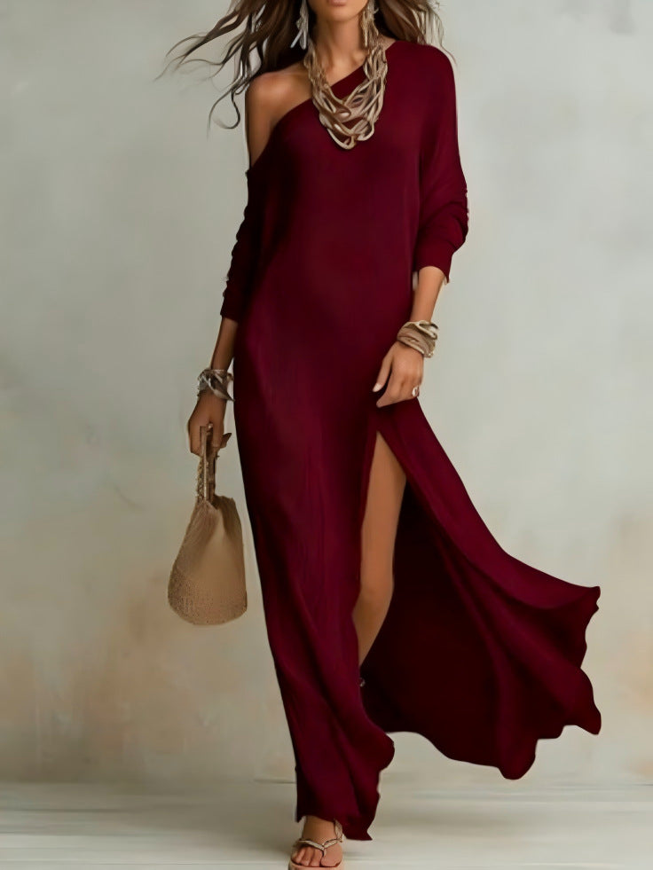 Women's One Shoulder Long Sleeve Side Slit Knit Maxi Dress
