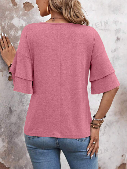 Customizable  Women's V-Neck Flutter Sleeve Top – Casual Summer T-Shirt