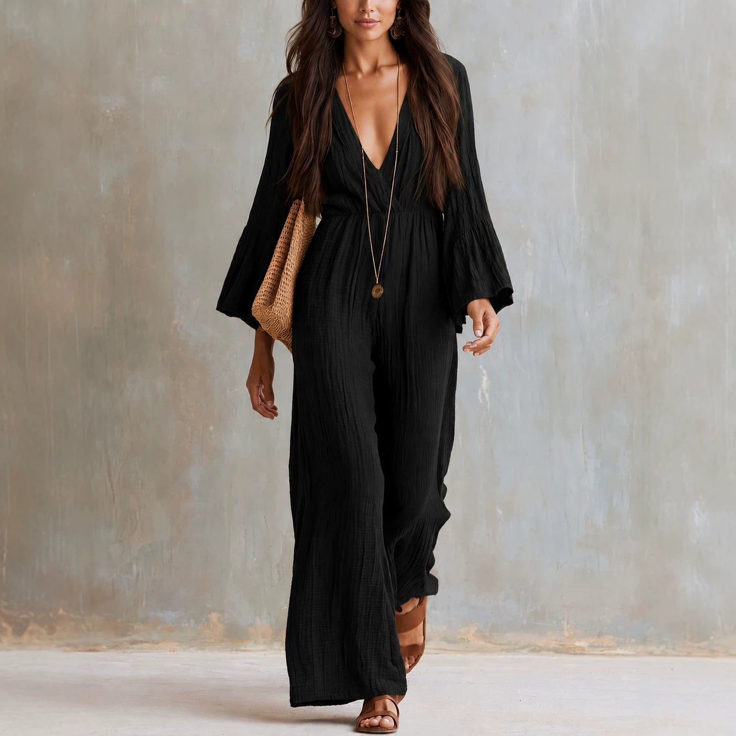 Women's Boho V-Neck Bell Sleeve Wide Leg Jumpsuit