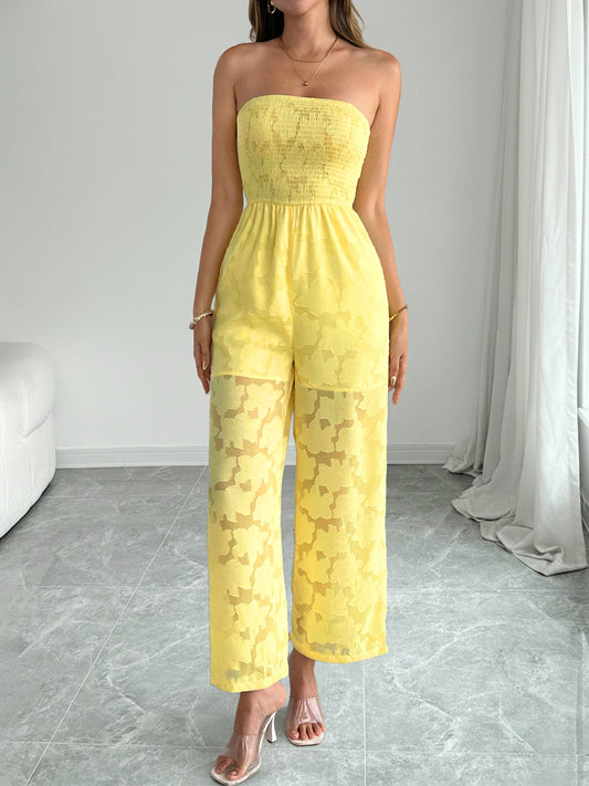 Yellow Lace Strapless Jumpsuit Sheer Wide Leg Summer