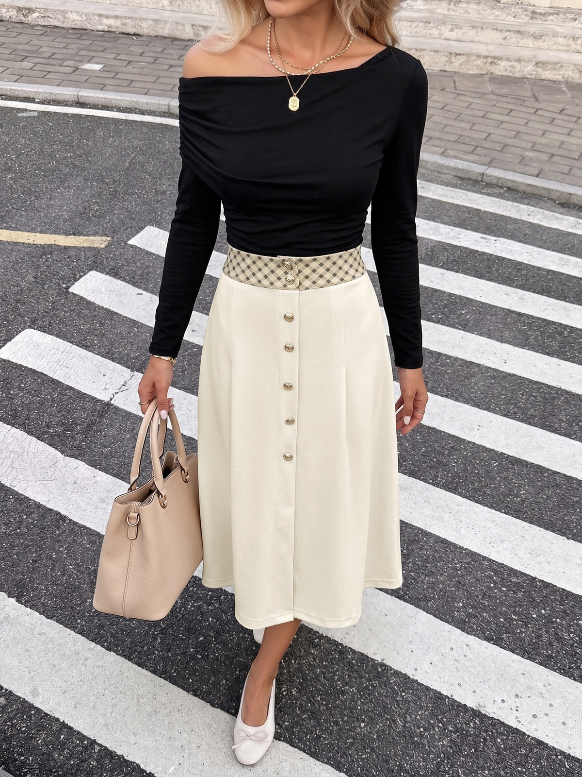 High Waist Button Front A-Line Midi Skirt Plaid Waistband