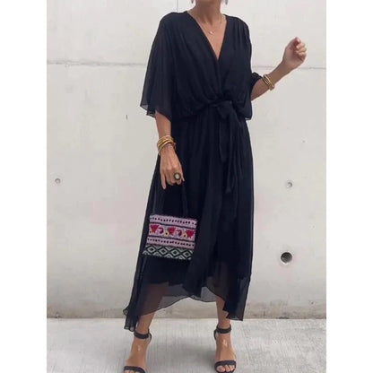 Women's V-Neck Batwing Chiffon Midi Dress Tie Waist Flowy