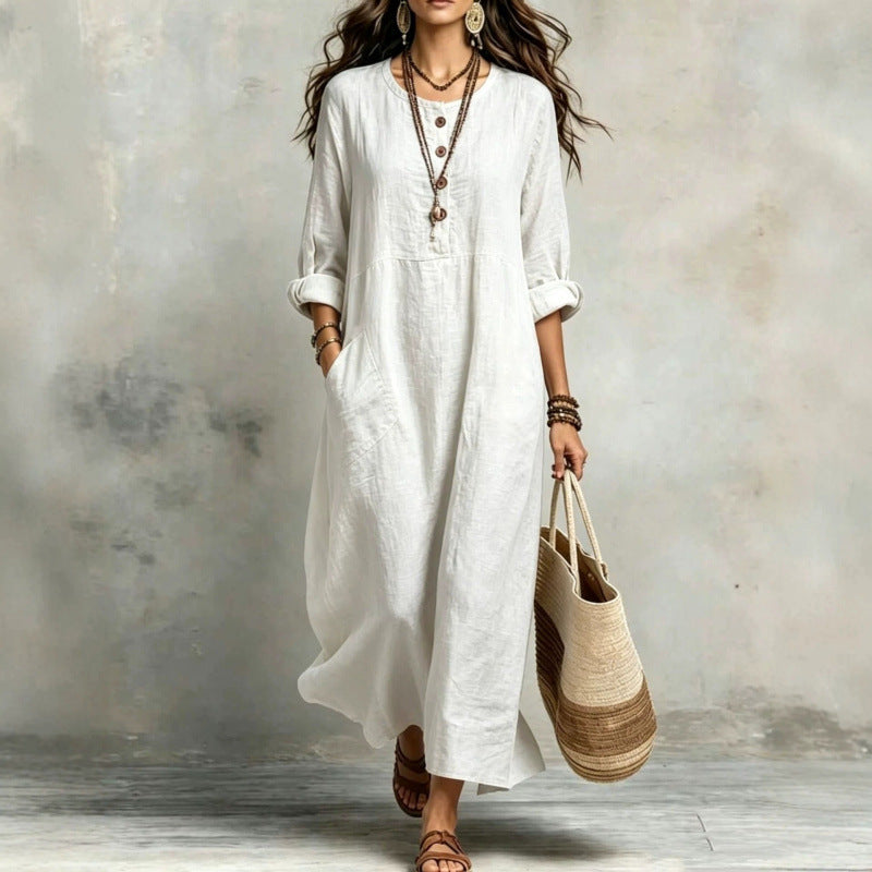 Women's Cotton Linen Maxi Dress Long Sleeve with Pockets