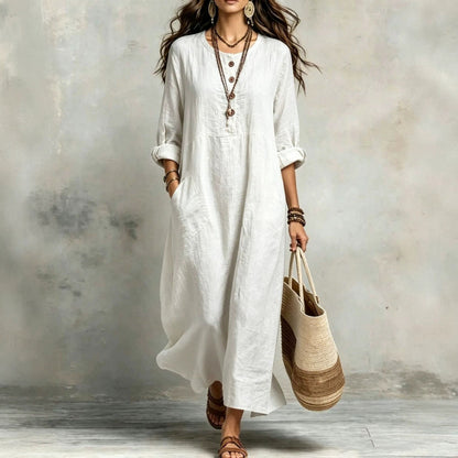 Women's Cotton Linen Maxi Dress Long Sleeve with Pockets