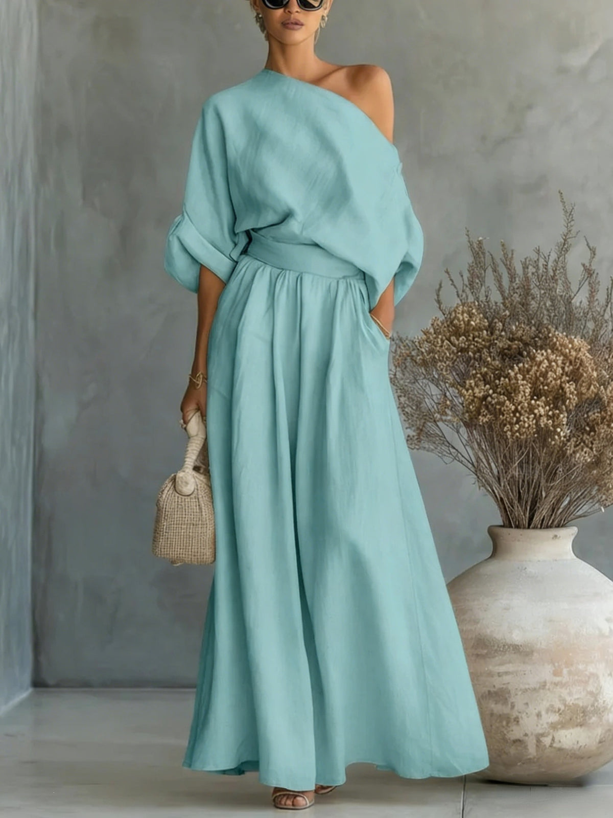 Women's One Shoulder Top Wide Leg Pants Matching Set