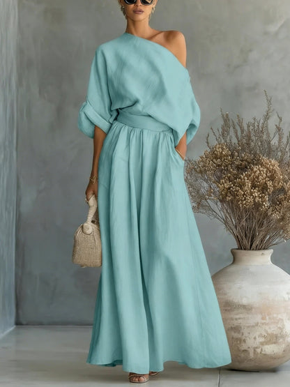 Women's One Shoulder Top Wide Leg Pants Matching Set
