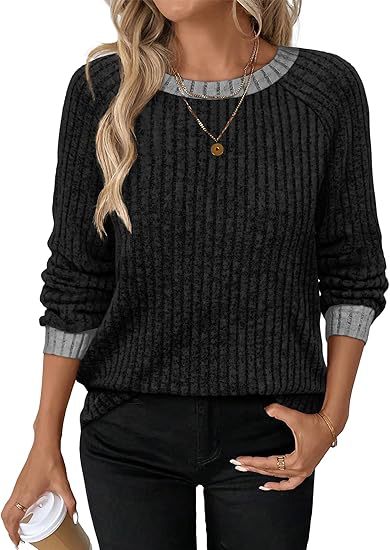 Women's Soft Ribbed Contrast Trim Long Sleeve Crew Neck Top