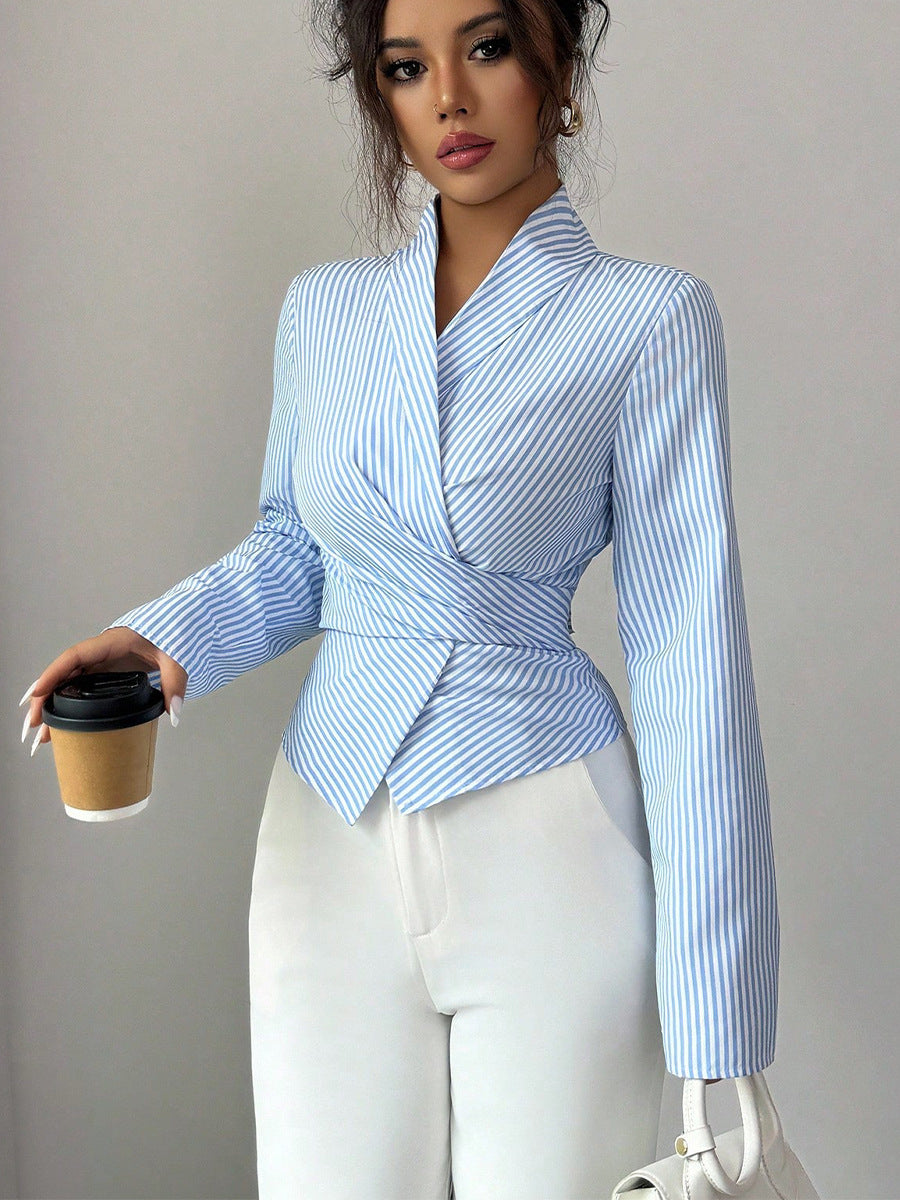 Womens Striped Wrap Blouse Long Sleeve Tie Front Top