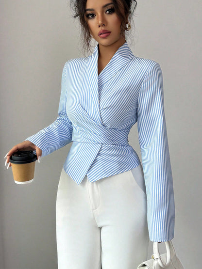 Womens Striped Wrap Blouse Long Sleeve Tie Front Top