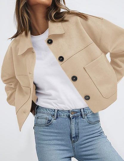 Faux Suede Cropped Button Front Jacket with Pockets
