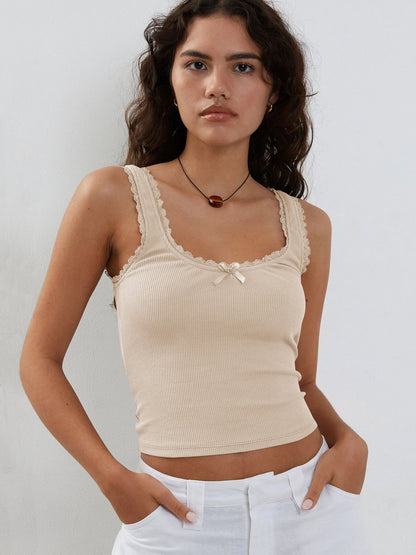 Ribbed Lace Trim Cami Top Slim Fit Cropped Tank