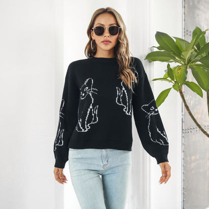 Women's Oversized Cat Graphic Sweater Crewneck Pullover