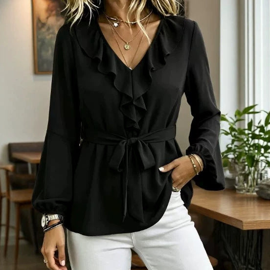 Ruffle V-Neck Tie Waist Lantern Sleeve Blouse