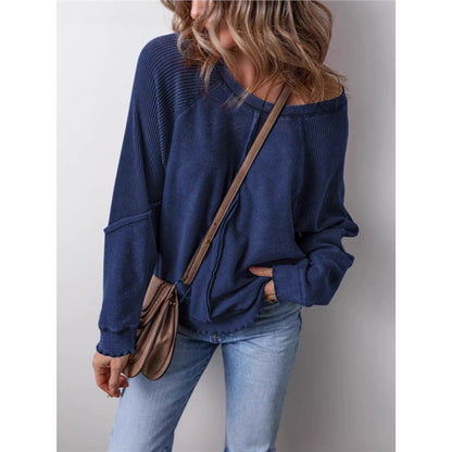 Oversized Patchwork Waffle Knit Crewneck Sweatshirt