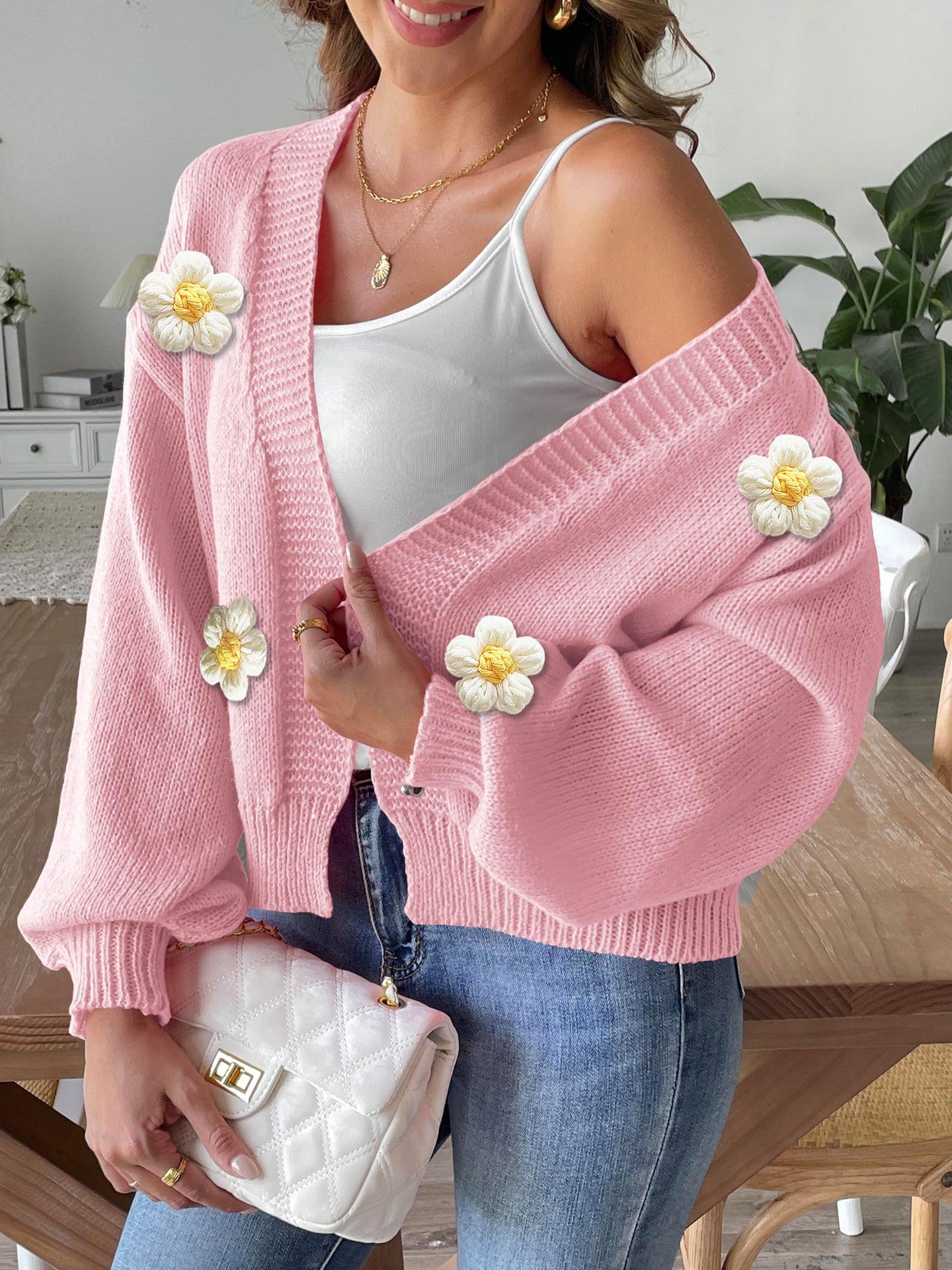 Floral Crochet Knit Cardigan Sweater with Balloon Sleeves