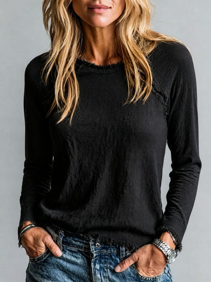 Women's Frayed Hem Patchwork Long Sleeve Casual Top