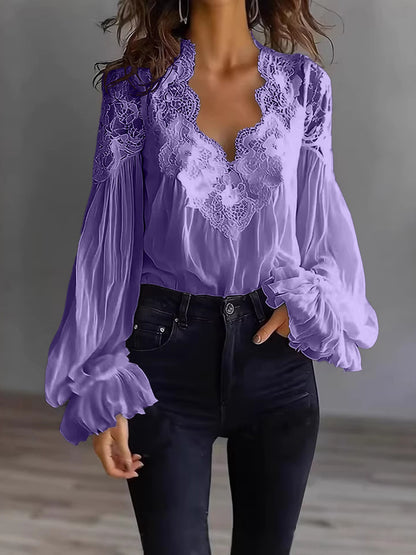 Women's Lace V-Neck Puff Sleeve Pleated Blouse