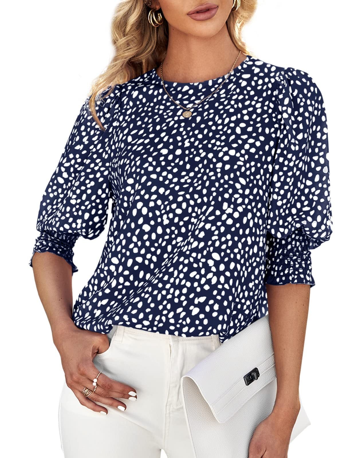 Loose Fit Printed Chiffon Short Sleeve Round Neck Shirt