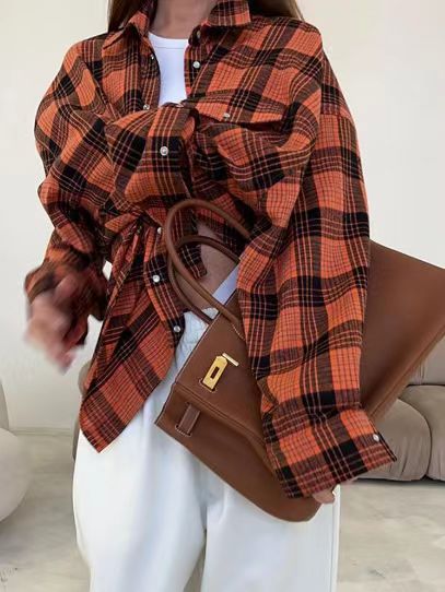 Women's Oversized Plaid Shacket Button Down Pocket