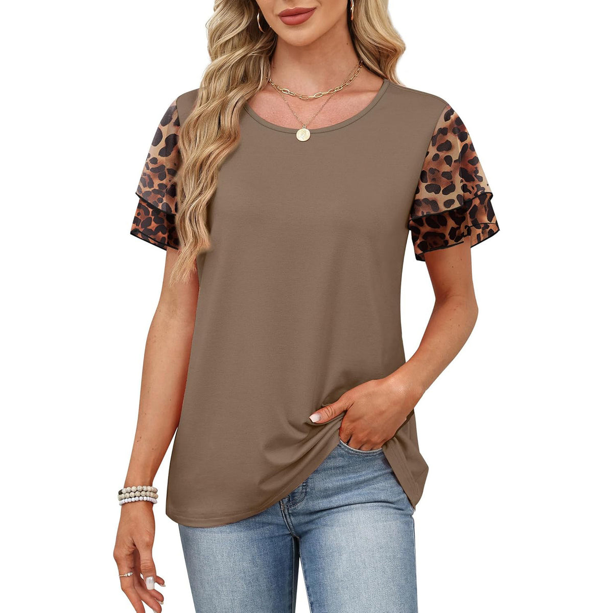 Women's Paisley Color Block Layered Sleeve Casual T-Shirt