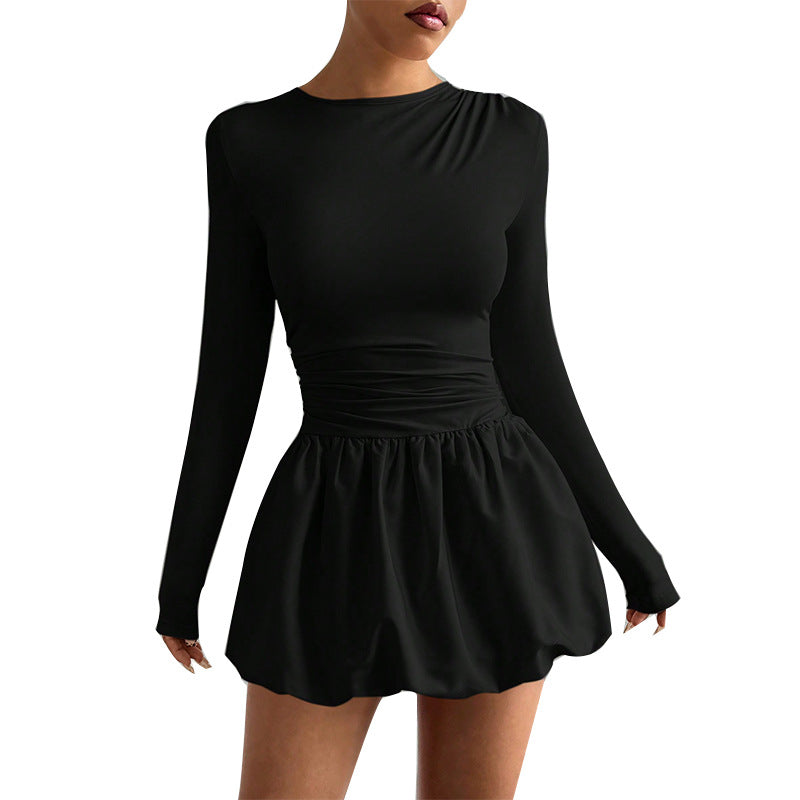 Long Sleeve Fitted Bubble Dress Ruched Waist Mini