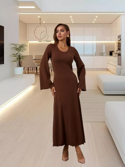 Women's Ribbed U Neck Flare Sleeve Tie Back Maxi Dress