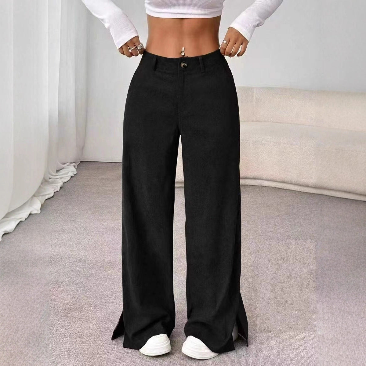 Women's Corduroy Wide Leg Pants Split Hem Casual Trousers