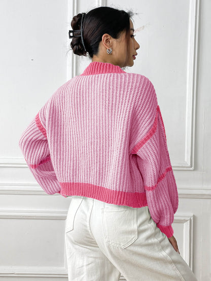 Color Block Cardigan Sweater with Loose Fit for Fall