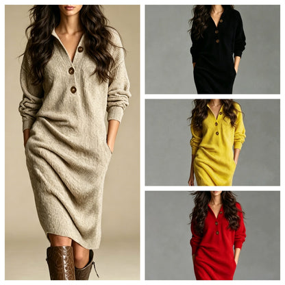 Polo Collar Button Front Midi Sweater Dress with Pockets
