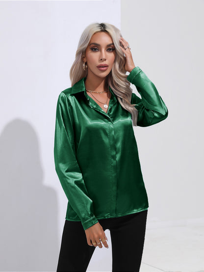 Women's Satin Long Sleeve Collared Blouse