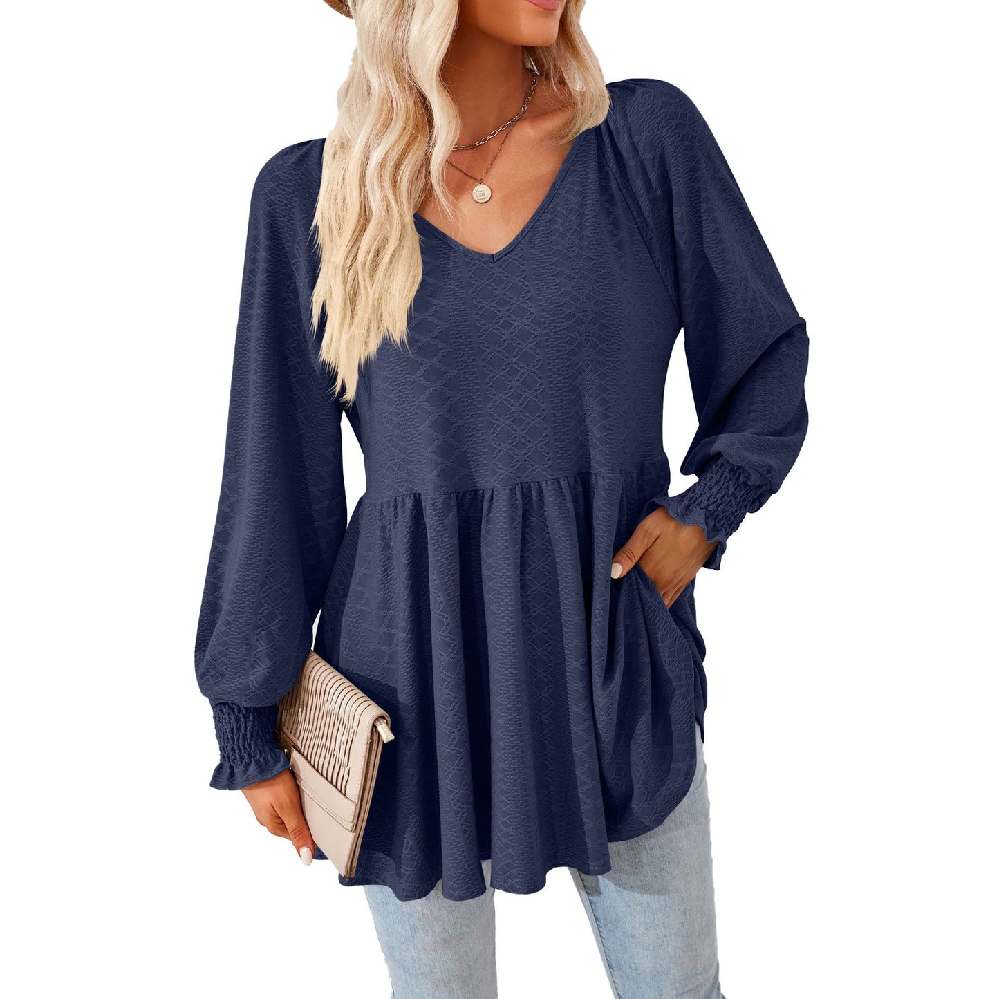 Women's V Neck Long Sleeve Textured Babydoll Tunic Top