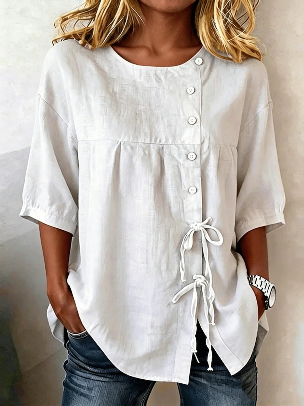 Women's Linen Blend Puff Sleeve Button Front Tie Side Top
