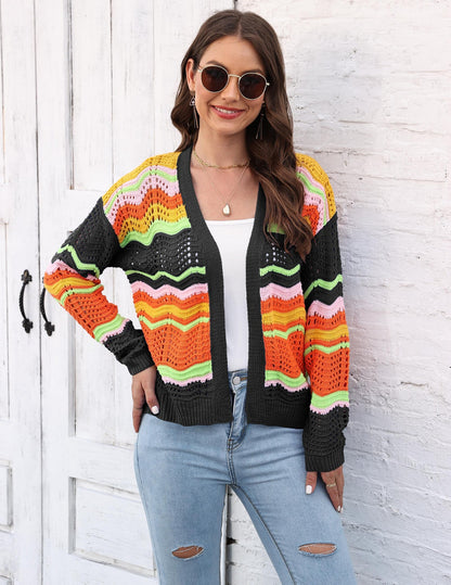 Women's Rainbow Patchwork Striped Sweater Jacket